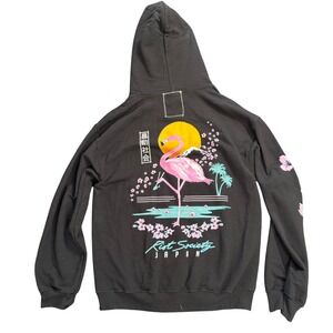 Riot Society Japan Flamingo Black Hoodie Cherry‎ Blossom Graphic Pullover